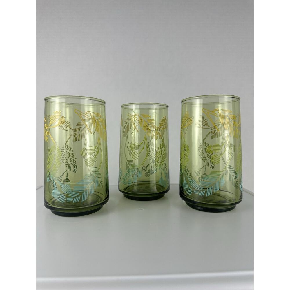 Libbey Green Drinking Glass Tumbler Leaf Jungle Foliage Yellow Blue Print VTG 3